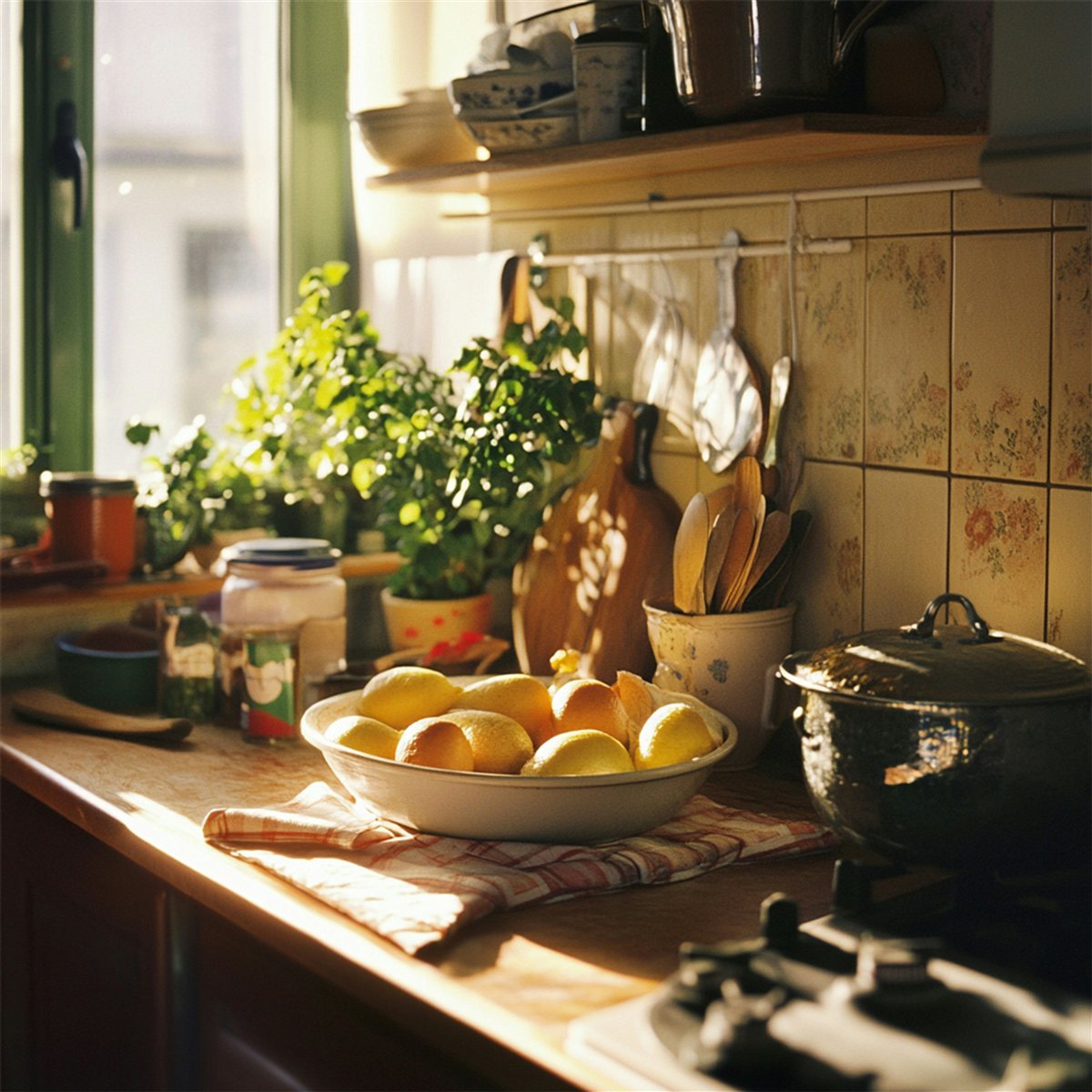 A warm, inviting kitchen with fresh wholesome ingredients in natural light